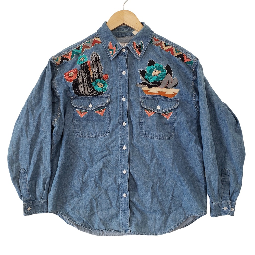 Andrews Blues Vintage 90 Denim‎ Southwestern Patchwork Cactus Pottery Shirt L